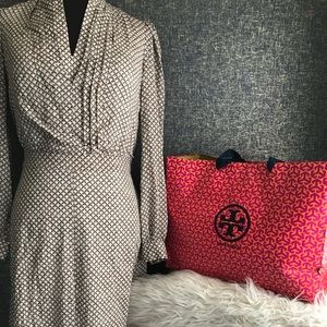 Tory Burch Pleated Silk Dress Size 4 Brown Cream